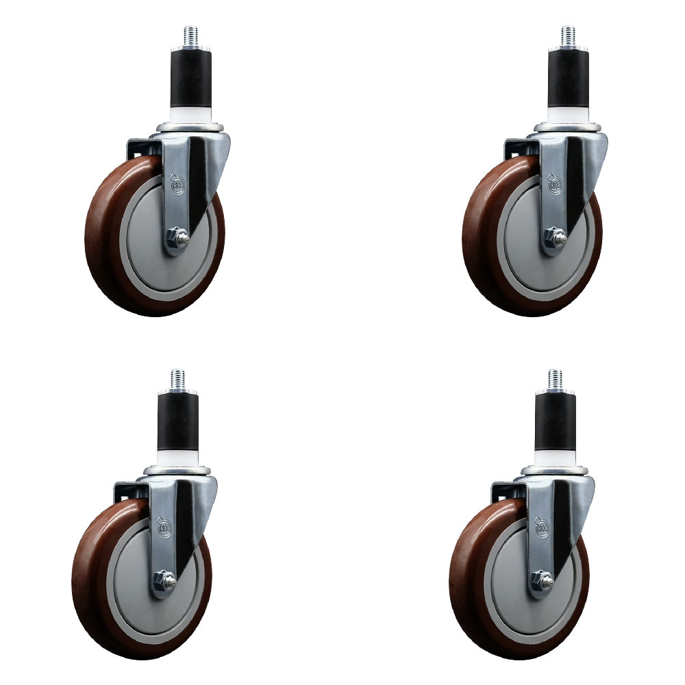 Polyurethane Swivel Expanding Stem Caster Set of 4 with 5 Inch Maroon Wheels and 1-1/2" Stems - 350 lbs. Capacity Per Caster - Service Caster Brand — photo 1