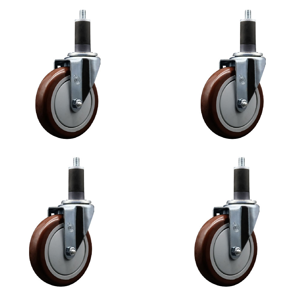 Polyurethane Swivel Expanding Stem Caster Set of 4 with 5 Inch Maroon Wheels and 1-1/4" Stems - 350 lbs. Capacity Per Caster - Service Caster Brand — photo 1