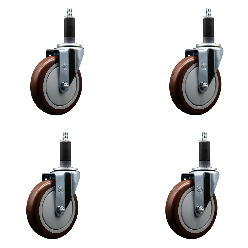 Polyurethane Swivel Expanding Stem Caster Set of 4 with 5 Inch Maroon Wheels and 1-1/8" Stems - 350 lbs. Capacity Per Caster - Service Caster Brand — photo 1