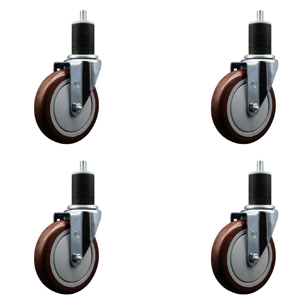Polyurethane Swivel Expanding Stem Caster Set of 4 with 5 Inch Maroon Wheels and 1-3/4" Stems - 350 lbs. Capacity Per Caster - Service Caster Brand — photo 1