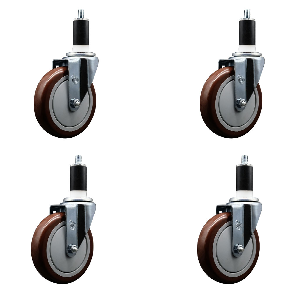 Polyurethane Swivel Expanding Stem Caster Set of 4 with 5 Inch Maroon Wheels and 1-3/8" Stems - 350 lbs. Capacity Per Caster - Service Caster Brand — photo 1