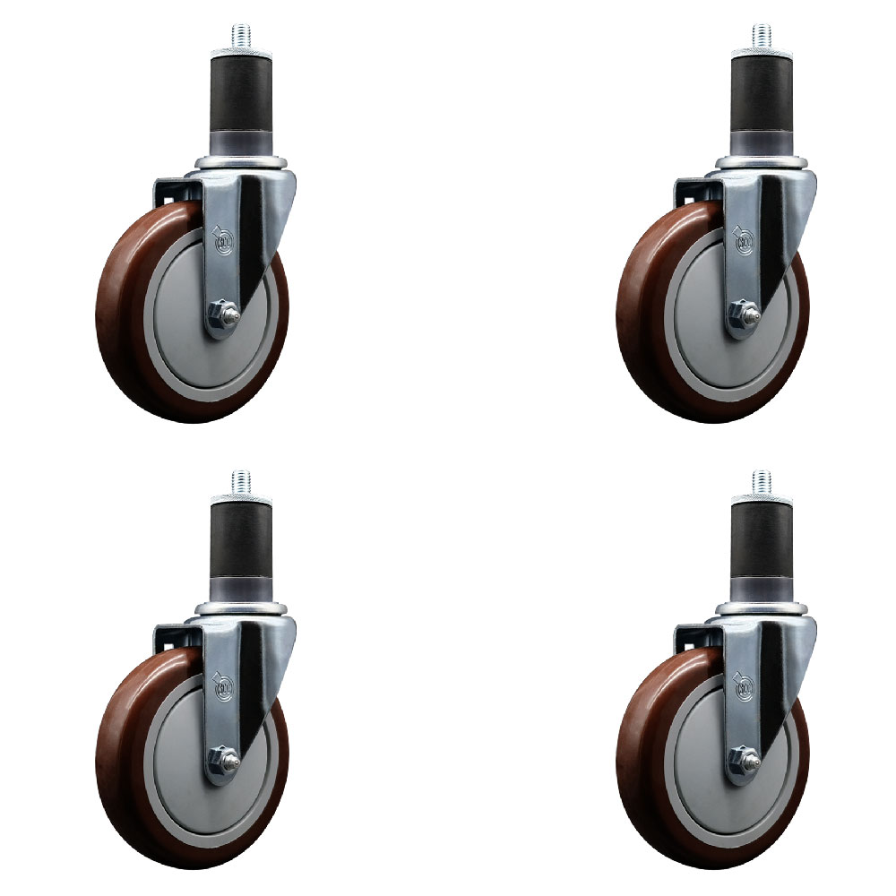 Polyurethane Swivel Expanding Stem Caster Set of 4 with 5 Inch Maroon Wheels and 1-5/8" Stems - 350 lbs. Capacity Per Caster - Service Caster Brand — photo 1