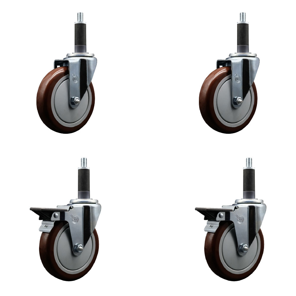 Polyurethane Swivel Expanding Stem Caster Set of 4 with 5 Inch Maroon Wheels and 1" Stems - Includes 2 with Posi Locking Brakes - 1400 lbs Total Capacity - Service Caster Brand — photo 1