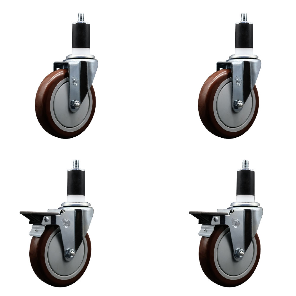 Polyurethane Swivel Expanding Stem Caster Set of 4 with 5 Inch Maroon Wheels and 1-1/2" Stems - Includes 2 with Posi Locking Brakes - 1400 lbs Total Capacity - Service Caster Brand — photo 1