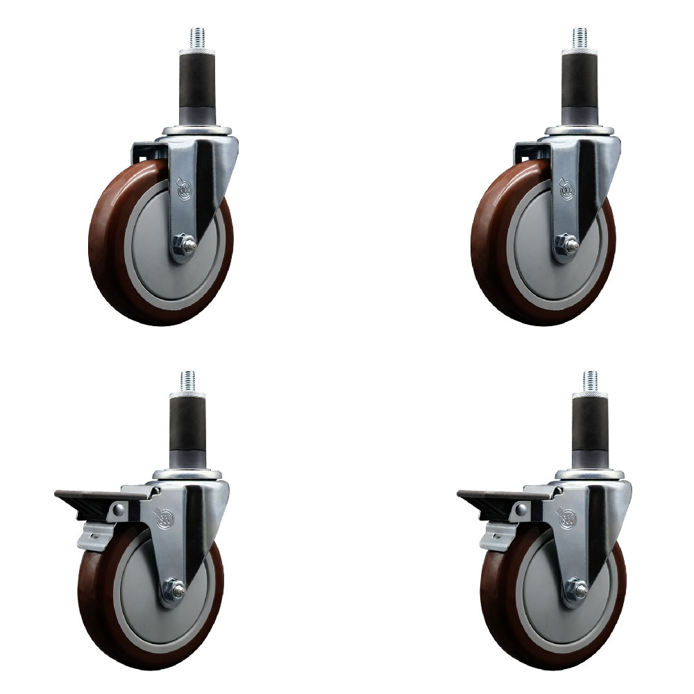 Polyurethane Swivel Expanding Stem Caster Set of 4 with 5 Inch Maroon Wheels and 1-1/4" Stems - Includes 2 with Posi Locking Brakes - 1400 lbs Total Capacity - Service Caster Brand — photo 1