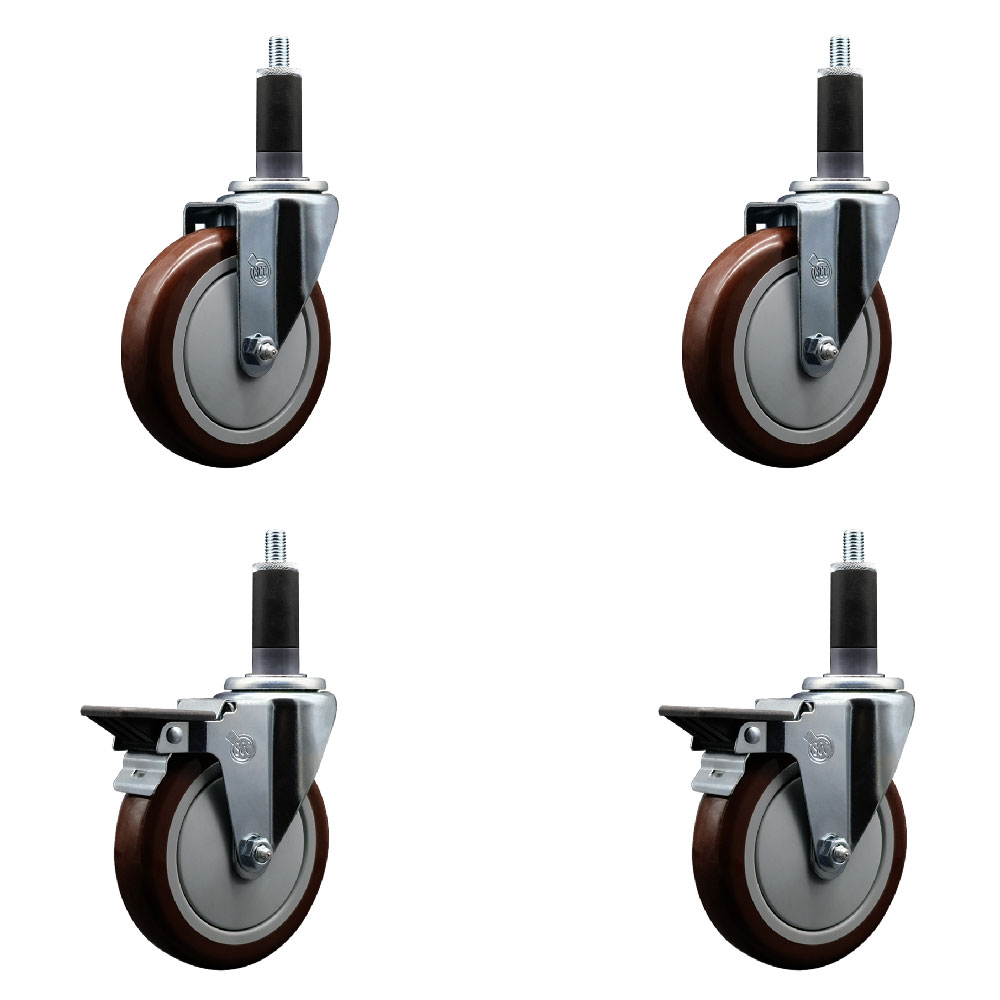 Polyurethane Swivel Expanding Stem Caster Set of 4 with 5 Inch Maroon Wheels and 1-1/8" Stems - Includes 2 with Posi Locking Brakes - 1400 lbs Total Capacity - Service Caster Brand — photo 1