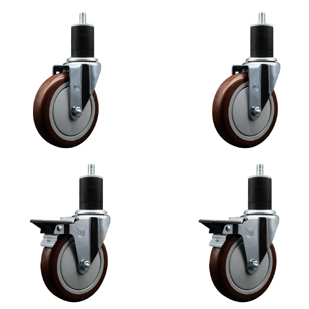 Polyurethane Swivel Expanding Stem Caster Set of 4 with 5 Inch Maroon Wheels and 1-3/4" Stems - Includes 2 with Posi Locking Brakes - 1400 lbs Total Capacity - Service Caster Brand — photo 1