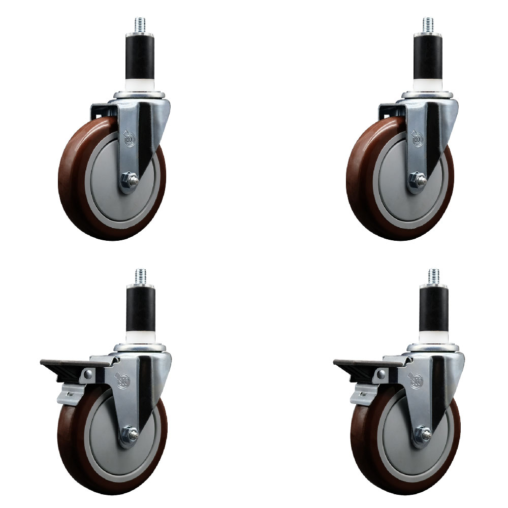 Polyurethane Swivel Expanding Stem Caster Set of 4 with 5 Inch Maroon Wheels and 1-3/8" Stems - Includes 2 with Posi Locking Brakes - 1400 lbs Total Capacity - Service Caster Brand — photo 1