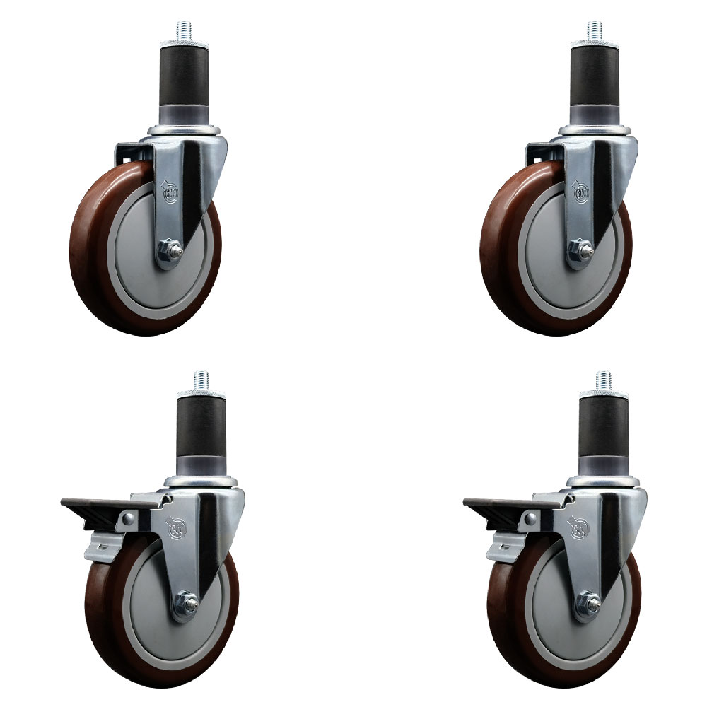 Polyurethane Swivel Expanding Stem Caster Set of 4 with 5 Inch Maroon Wheels and 1-5/8" Stems - Includes 2 with Posi Locking Brakes - 1400 lbs Total Capacity - Service Caster Brand — photo 1
