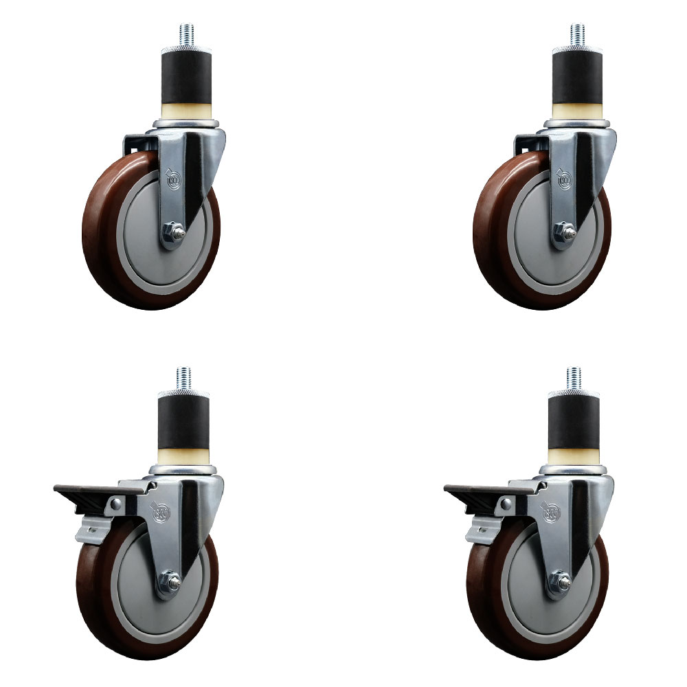 Polyurethane Swivel Expanding Stem Caster Set of 4 with 5 Inch Maroon Wheels and 1-7/8" Stems - Includes 2 with Posi Locking Brakes - 1400 lbs Total Capacity - Service Caster Brand — photo 1