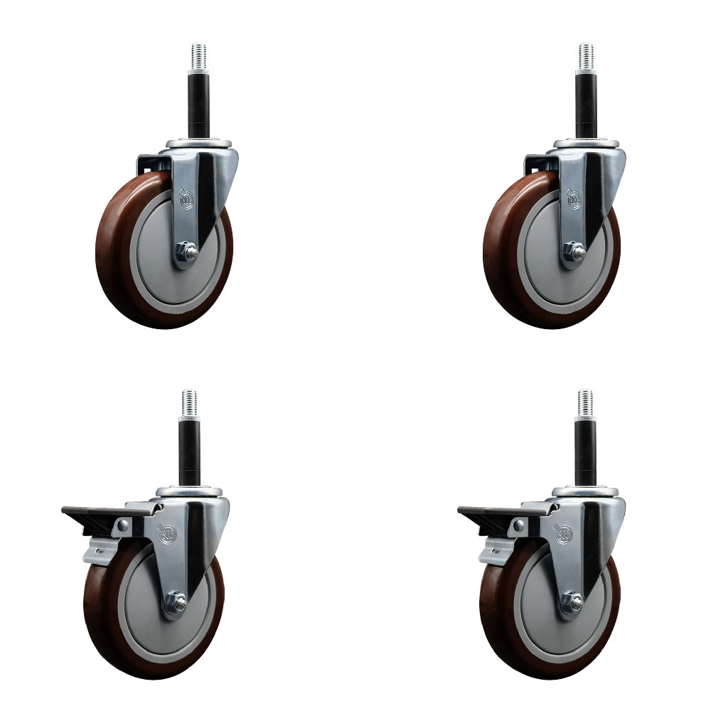 Polyurethane Swivel Expanding Stem Caster Set of 4 with 5 Inch Maroon Wheels and 3/4" Stems - Includes 2 with Posi Locking Brakes - 1400 lbs Total Capacity - Service Caster Brand — photo 1