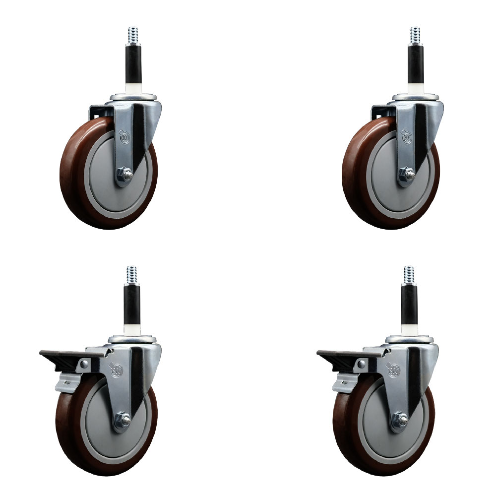Polyurethane Swivel Expanding Stem Caster Set of 4 with 5 Inch Maroon Wheels and 7/8" Stems - Includes 2 with Posi Locking Brakes - 1400 lbs Total Capacity - Service Caster Brand — photo 1