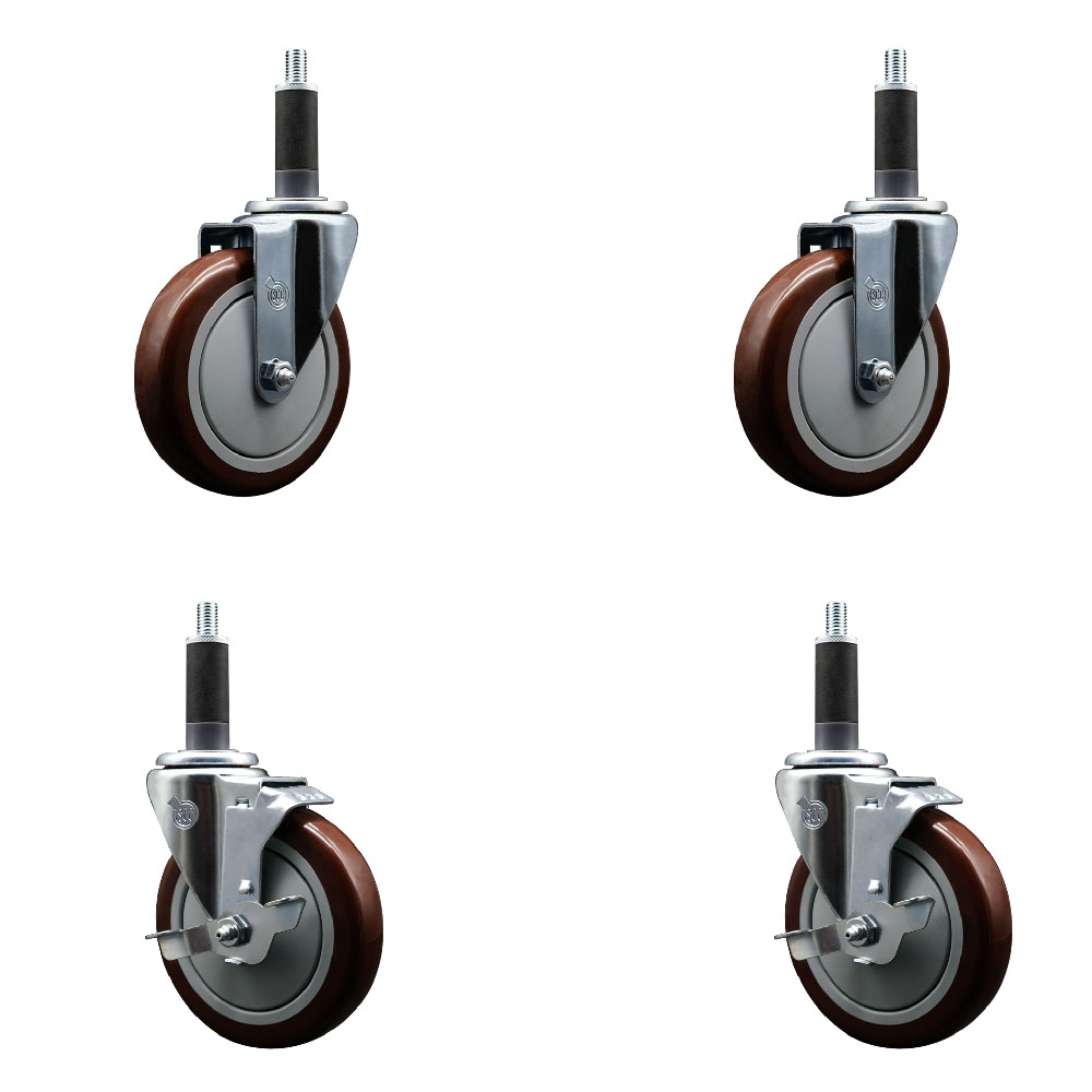 Polyurethane Swivel Expanding Stem Caster Set of 4 with 5 Inch Maroon Wheels and 1" Stems - Includes 2 with Top Locking Brakes - 1400 lbs Total Capacity - Service Caster Brand — photo 1