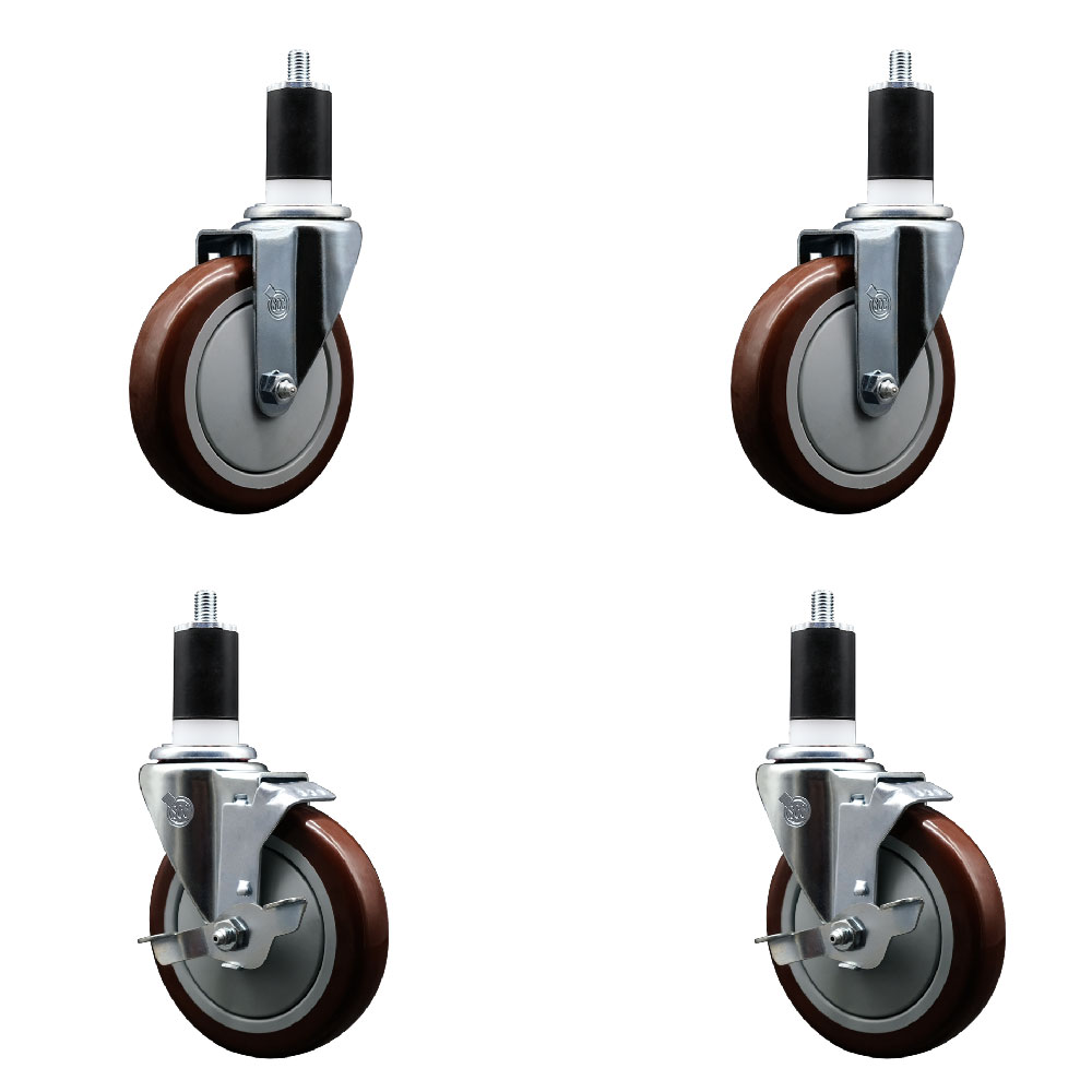Polyurethane Swivel Expanding Stem Caster Set of 4 with 5 Inch Maroon Wheels and 1-1/2" Stems - Includes 2 with Top Locking Brakes - 1400 lbs Total Capacity - Service Caster Brand — photo 1