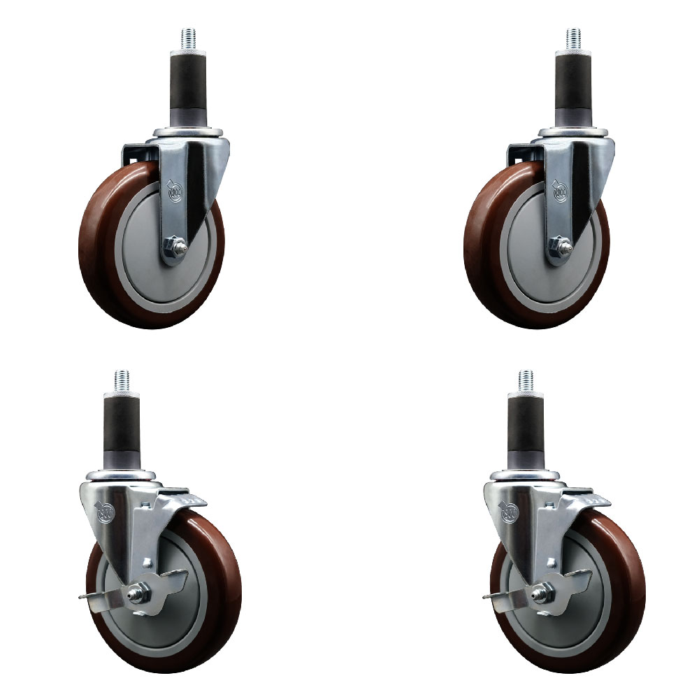 Polyurethane Swivel Expanding Stem Caster Set of 4 with 5 Inch Maroon Wheels and 1-1/4" Stems - Includes 2 with Top Locking Brakes - 1400 lbs Total Capacity - Service Caster Brand — photo 1