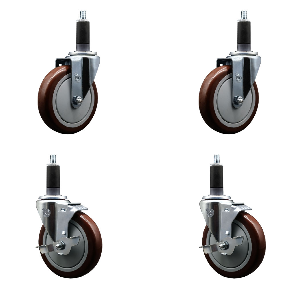 Polyurethane Swivel Expanding Stem Caster Set of 4 with 5 Inch Maroon Wheels and 1-1/8" Stems - Includes 2 with Top Locking Brakes - 1400 lbs Total Capacity - Service Caster Brand — photo 1