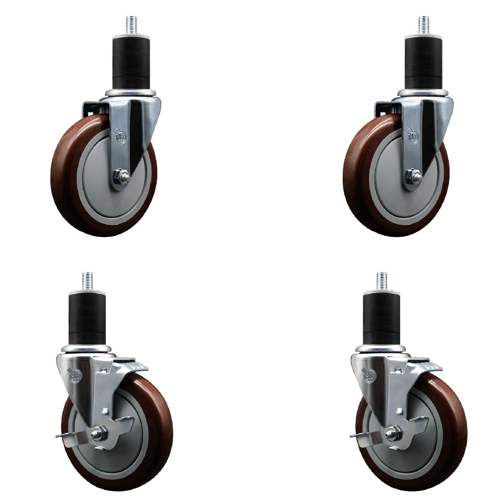 Polyurethane Swivel Expanding Stem Caster Set of 4 with 5 Inch Maroon Wheels and 1-3/4" Stems - Includes 2 with Top Locking Brakes - 1400 lbs Total Capacity - Service Caster Brand — photo 1