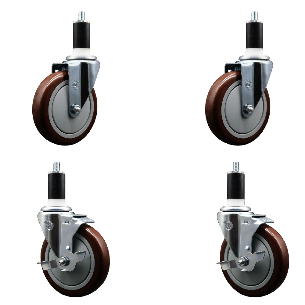 Stainless Steel Polyurethane Swivel Expanding Stem Caster Set of 4 with 5 Inch Maroon Wheels and 1-3/8" Stems - Includes 2 with Top Locking Brakes - 1400 lbs Total Capacity - Service Caster Brand — photo 1