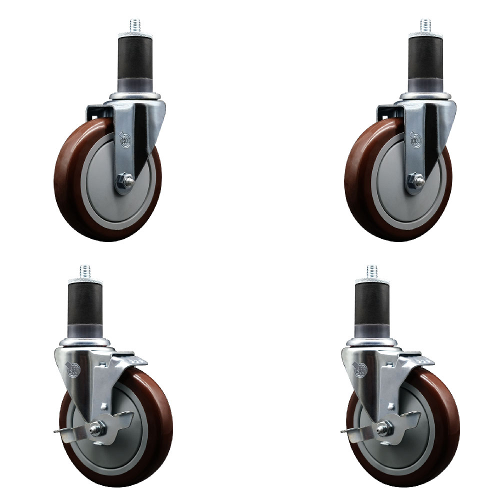 Stainless Steel Polyurethane Swivel Expanding Stem Caster Set of 4 with 5 Inch Maroon Wheels and 1-5/8" Stems - Includes 2 with Top Locking Brakes - 1400 lbs Total Capacity - Service Caster Brand — photo 1
