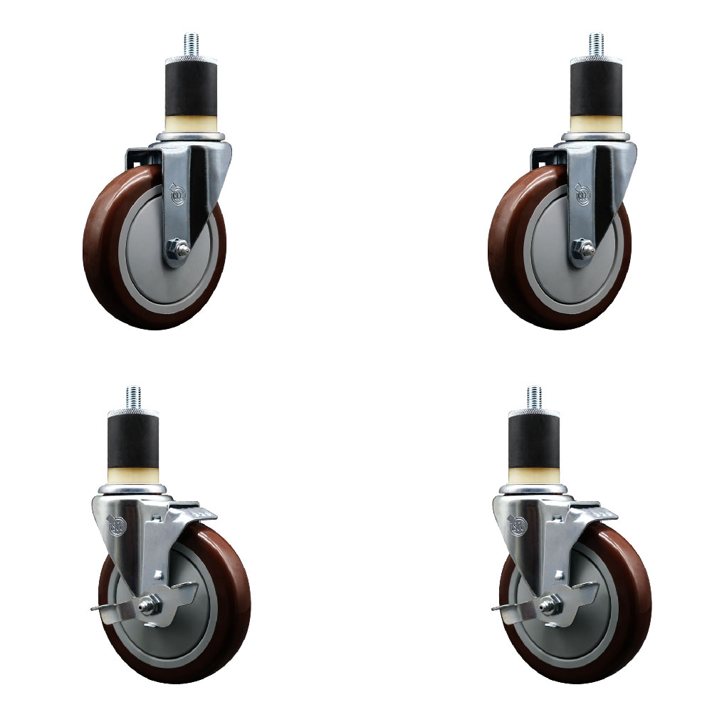 Stainless Steel Polyurethane Swivel Expanding Stem Caster Set of 4 with 5 Inch Maroon Wheels and 1-7/8" Stems - Includes 2 with Top Locking Brakes - 1400 lbs Total Capacity - Service Caster Brand — photo 1