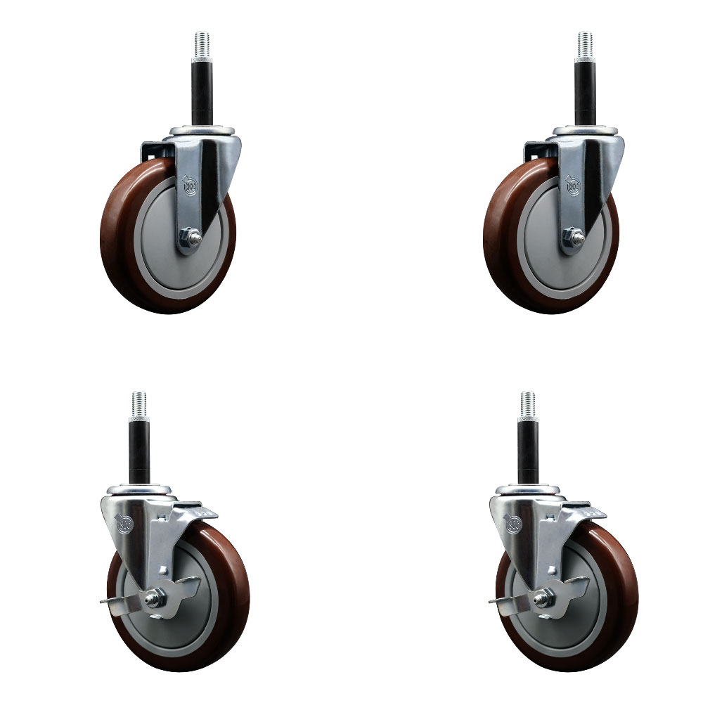 Stainless Steel Polyurethane Swivel Expanding Stem Caster Set of 4 with 5 Inch Maroon Wheels and 3/4" Stems - Includes 2 with Top Locking Brakes - 1400 lbs Total Capacity - Service Caster Brand — photo 1