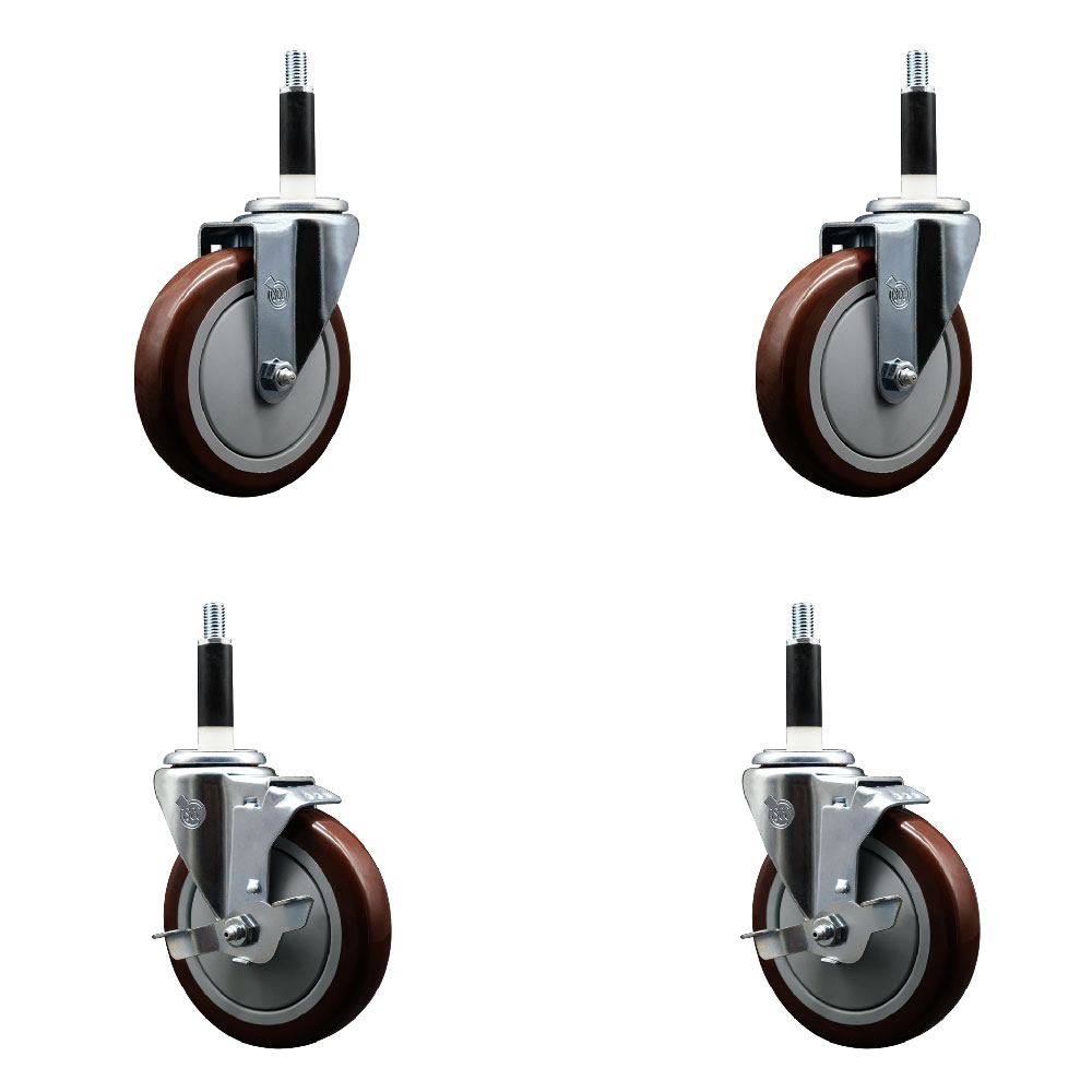 Polyurethane Swivel Expanding Stem Caster Set of 4 with 5 Inch Maroon Wheels and 7/8" Stems - Includes 2 with Top Locking Brakes - 1400 lbs Total Capacity - Service Caster Brand — photo 1