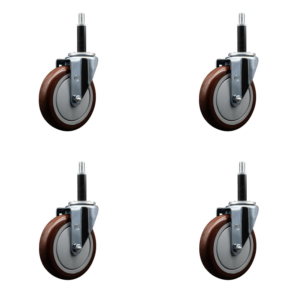 Polyurethane Swivel Expanding Stem Caster Set of 4 with 5 Inch Maroon Wheels and 3/4" Stems - 350 lbs. Capacity Per Caster - Service Caster Brand — photo 1