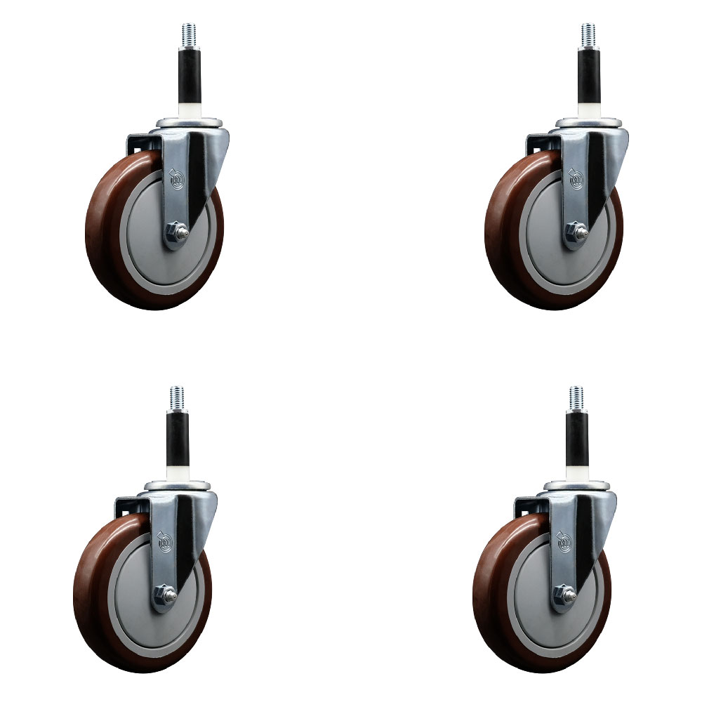 Polyurethane Swivel Expanding Stem Caster Set of 4 with 5 Inch Maroon Wheels and 7/8" Stems - 350 lbs. Capacity Per Caster - Service Caster Brand — photo 1