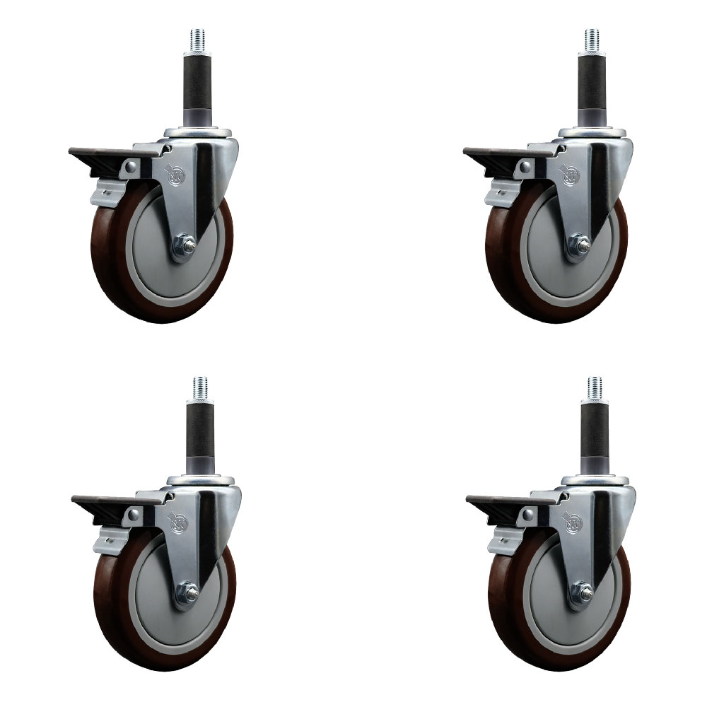 Polyurethane Swivel Expanding Stem Caster Set of 4 with 5 Inch Maroon Wheels and 1" Stems - Includes 4 Swivel with Posi Locking Brakes - 350 lbs. Capacity Per Caster - Service Caster Brand — photo 1