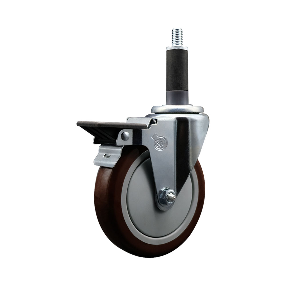 Polyurethane Expanding Stem Swivel Caster with 5 Inch Maroon Wheel and 1" Stem & Posi Locking Brake - 350 lbs. Capacity Per Caster - Service Caster Brand — photo 1