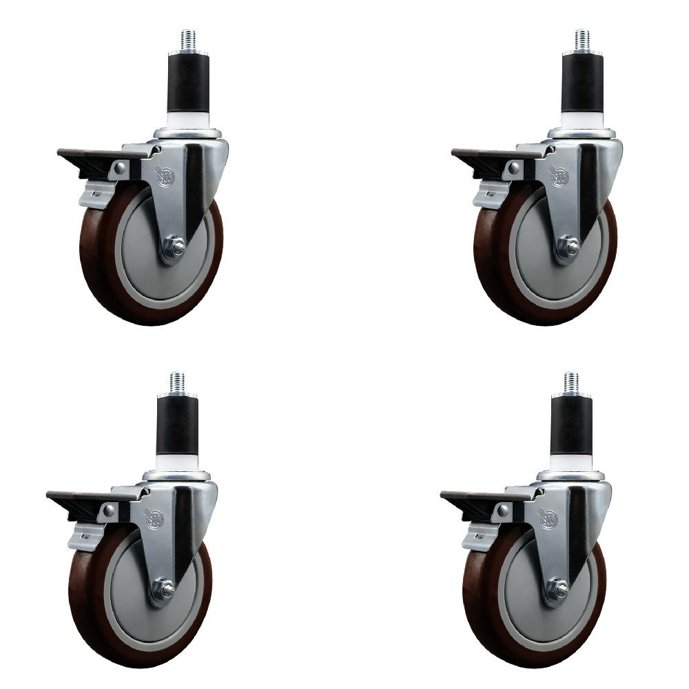 Polyurethane Swivel Expanding Stem Caster Set of 4 with 5 Inch Maroon Wheels and 1-1/2" Stems - Includes 4 Swivel with Posi Locking Brakes - 350 lbs. Capacity Per Caster - Service Caster Brand — photo 1