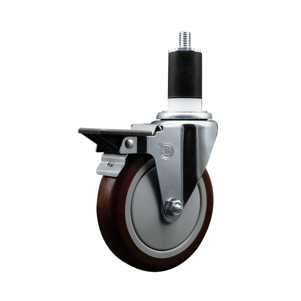 Polyurethane Expanding Stem Swivel Caster with 5 Inch Maroon Wheel and 1-1/2" Stem & Posi Locking Brake - 350 lbs. Capacity Per Caster - Service Caster Brand — photo 1