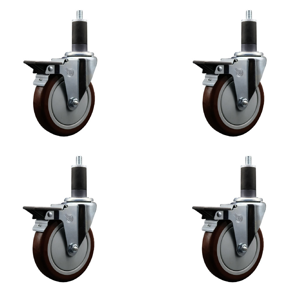 Polyurethane Swivel Expanding Stem Caster Set of 4 with 5 Inch Maroon Wheels and 1-1/4" Stems - Includes 4 Swivel with Posi Locking Brakes - 350 lbs. Capacity Per Caster - Service Caster Brand — photo 1