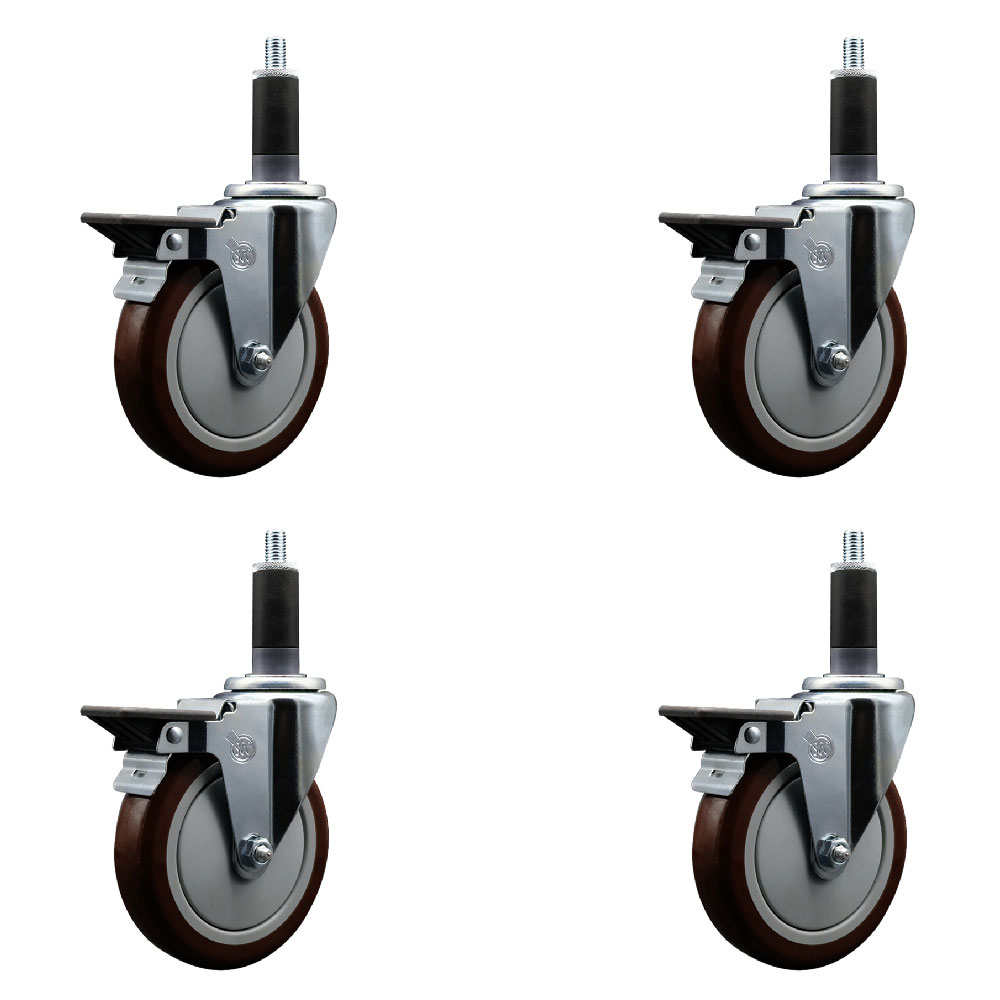 Polyurethane Swivel Expanding Stem Caster Set of 4 with 5 Inch Maroon Wheels and 1-1/8" Stems - Includes 4 Swivel with Posi Locking Brakes - 350 lbs. Capacity Per Caster - Service Caster Brand — photo 1