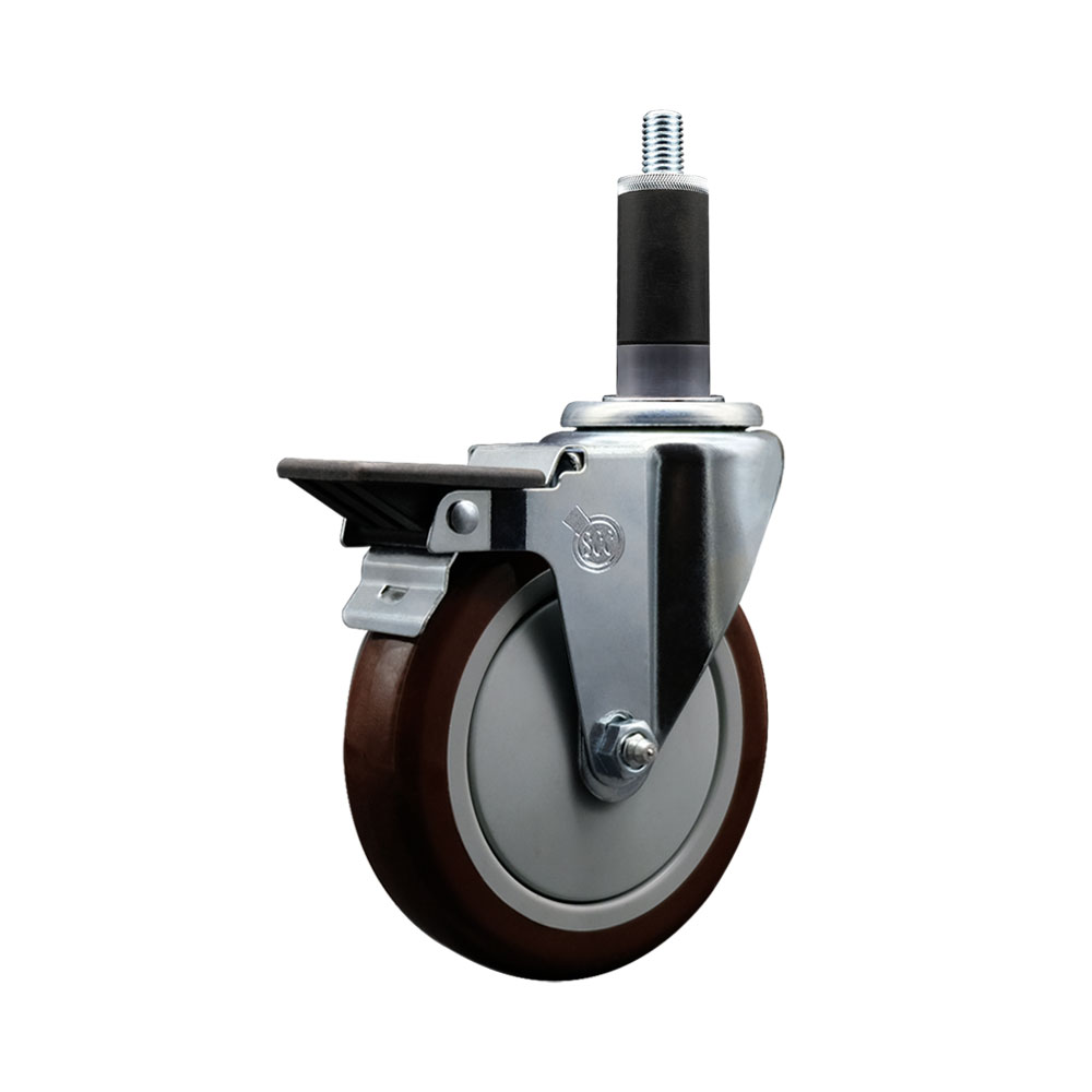 Polyurethane Expanding Stem Swivel Caster with 5 Inch Maroon Wheel and 1-1/8" Stem & Posi Locking Brake - 350 lbs. Capacity Per Caster - Service Caster Brand — photo 1
