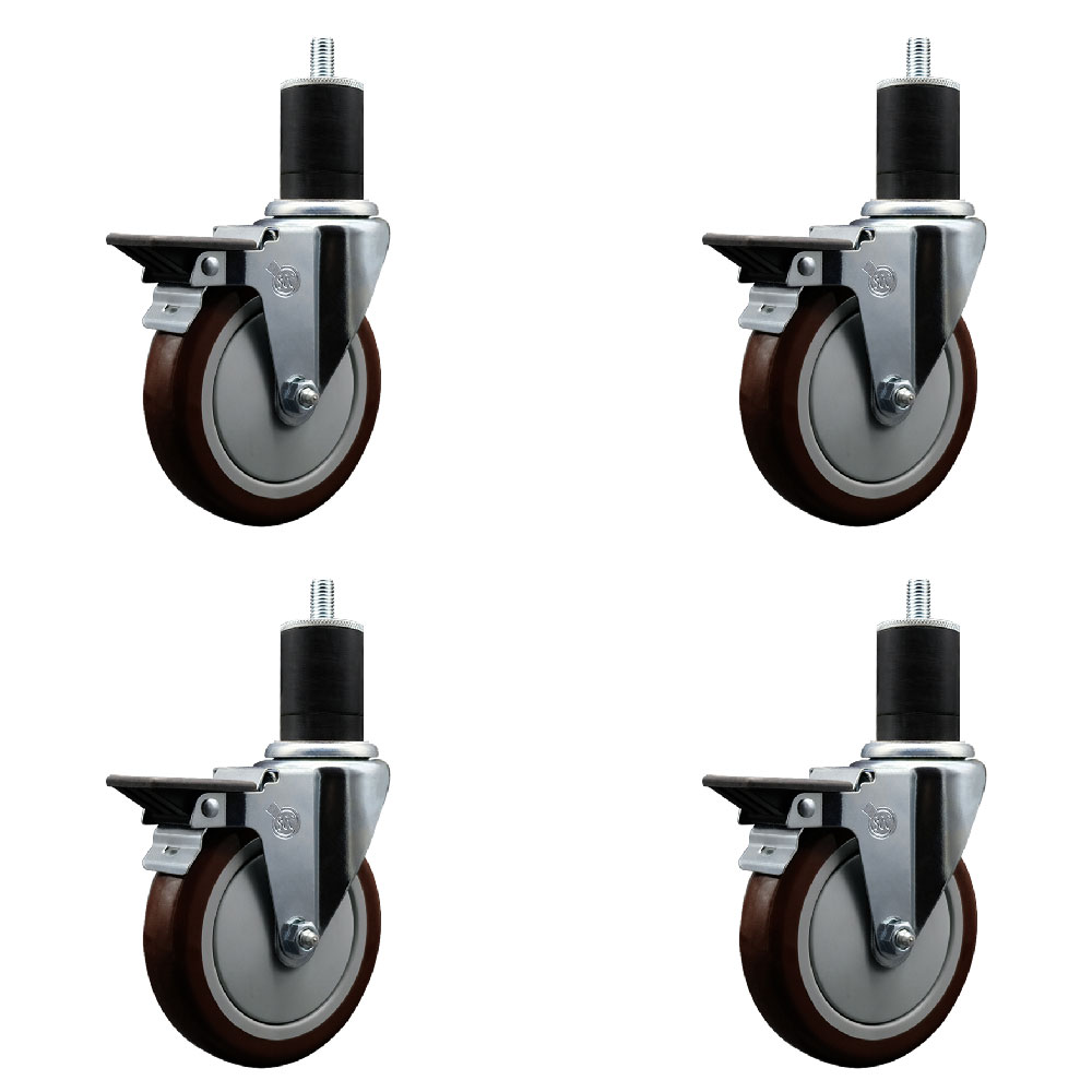Polyurethane Swivel Expanding Stem Caster Set of 4 with 5 Inch Maroon Wheels and 1-3/4" Stems - Includes 4 Swivel with Posi Locking Brakes - 350 lbs. Capacity Per Caster - Service Caster Brand — photo 1