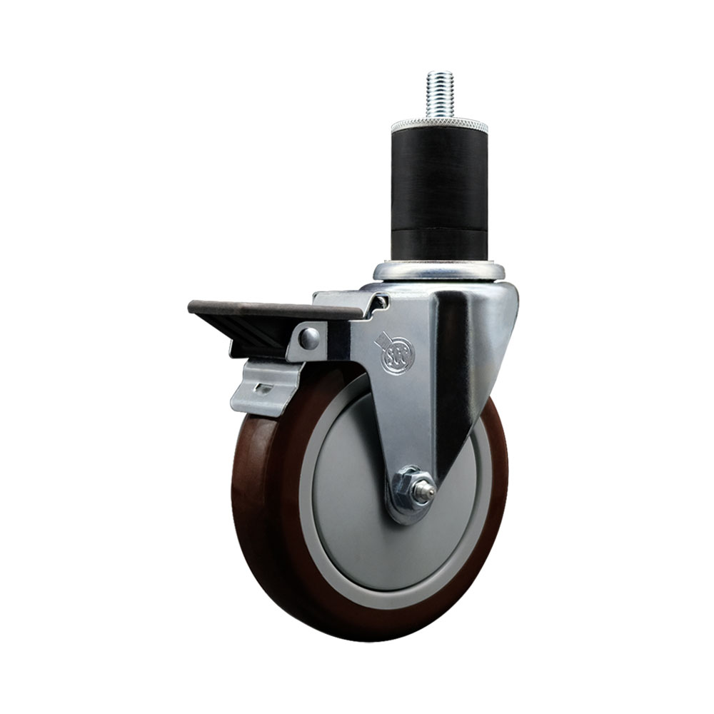 Polyurethane Expanding Stem Swivel Caster with 5 Inch Maroon Wheel and 1-3/4" Stem & Posi Locking Brake - 350 lbs. Capacity Per Caster - Service Caster Brand — photo 1