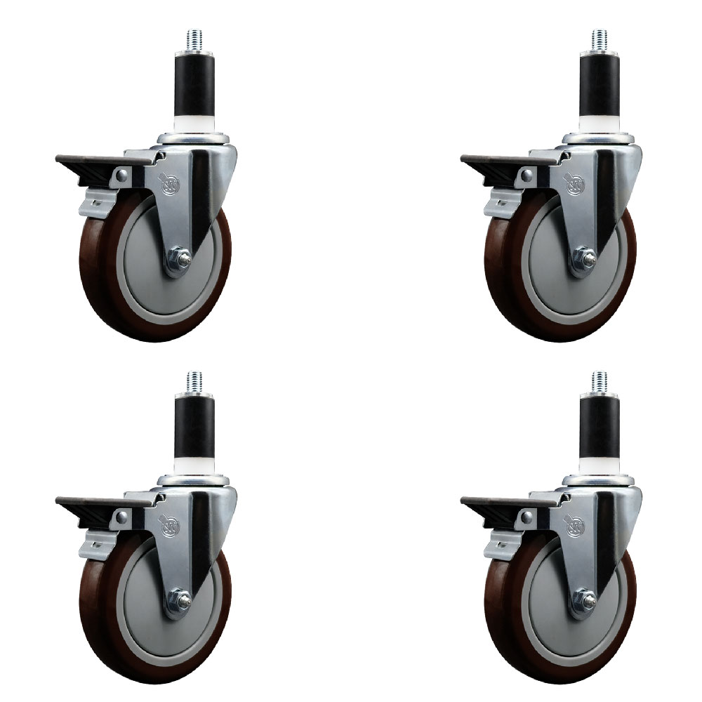 Polyurethane Swivel Expanding Stem Caster Set of 4 with 5 Inch Maroon Wheels and 1-3/8" Stems - Includes 4 Swivel with Posi Locking Brakes - 350 lbs. Capacity Per Caster - Service Caster Brand — photo 1