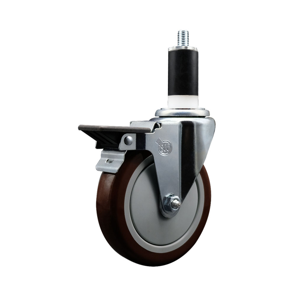 Polyurethane Expanding Stem Swivel Caster with 5 Inch Maroon Wheel and 1-3/8" Stem & Posi Locking Brake - 350 lbs. Capacity Per Caster - Service Caster Brand — photo 1