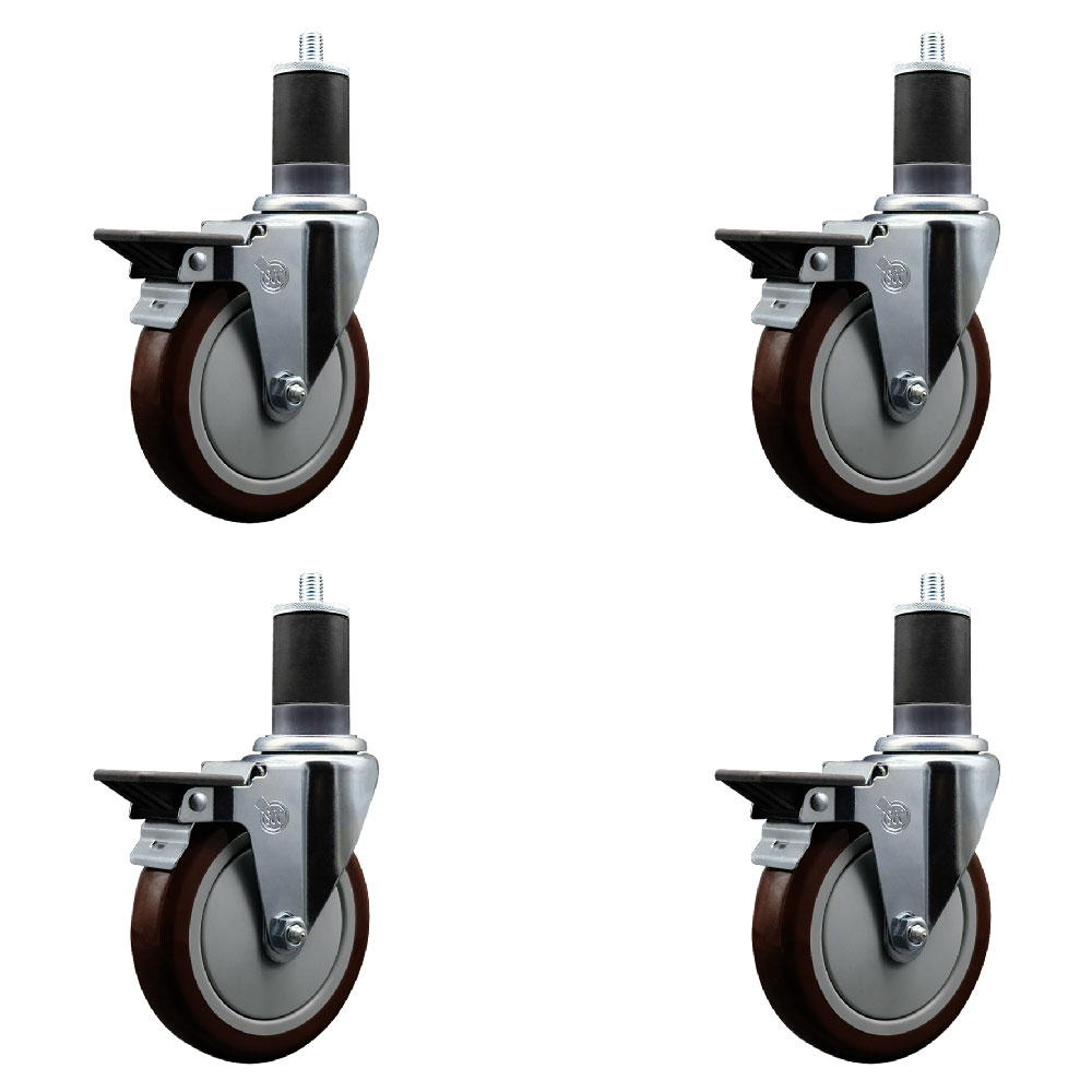 Polyurethane Swivel Expanding Stem Caster Set of 4 with 5 Inch Maroon Wheels and 1-5/8" Stems - Includes 4 Swivel with Posi Locking Brakes - 350 lbs. Capacity Per Caster - Service Caster Brand — photo 1