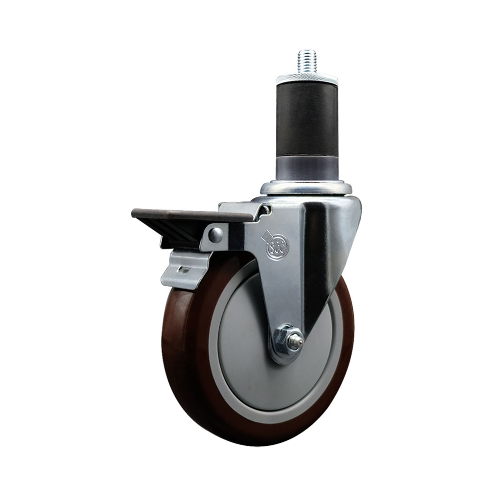 Polyurethane Expanding Stem Swivel Caster with 5 Inch Maroon Wheel and 1-5/8" Stem & Posi Locking Brake - 350 lbs. Capacity Per Caster - Service Caster Brand — photo 1