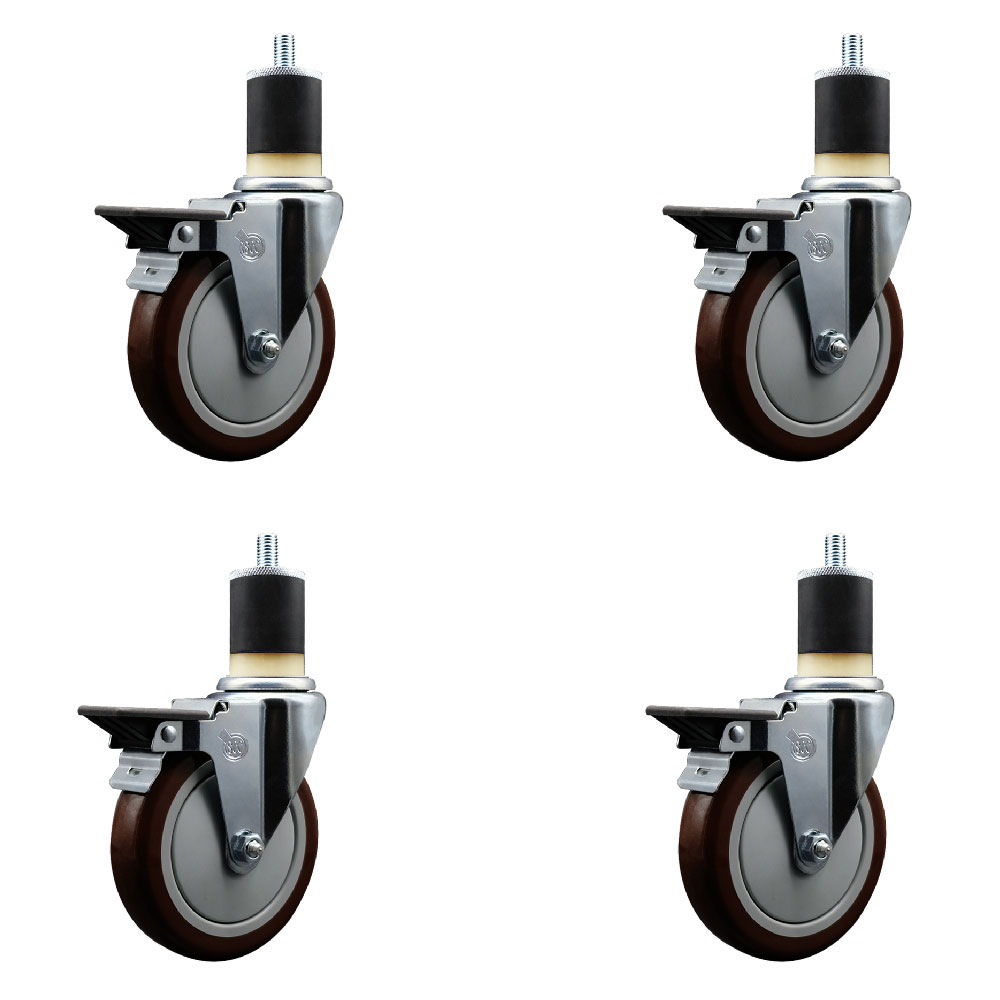 Polyurethane Swivel Expanding Stem Caster Set of 4 with 5 Inch Maroon Wheels and 1-7/8" Stems - Includes 4 Swivel with Posi Locking Brakes - 350 lbs. Capacity Per Caster - Service Caster Brand — photo 1
