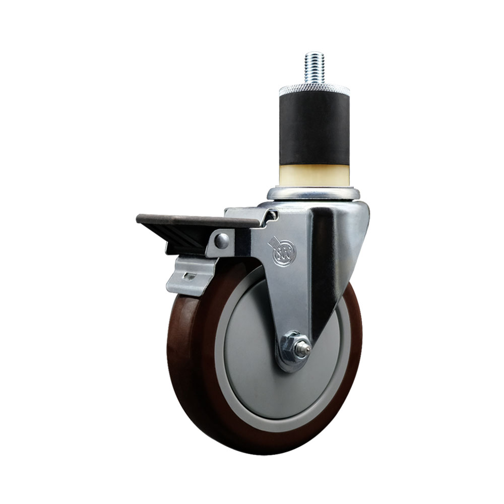 Polyurethane Expanding Stem Swivel Caster with 5 Inch Maroon Wheel and 1-7/8" Stem & Posi Locking Brake - 350 lbs. Capacity Per Caster - Service Caster Brand — photo 1
