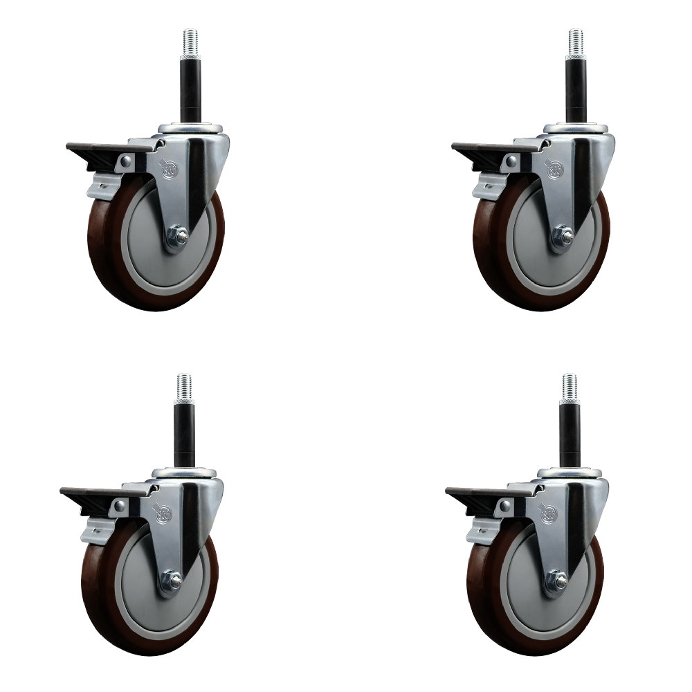 Polyurethane Swivel Expanding Stem Caster Set of 4 with 5 Inch Maroon Wheels and 3/4" Stems - Includes 4 Swivel with Posi Locking Brakes - 350 lbs. Capacity Per Caster - Service Caster Brand — photo 1