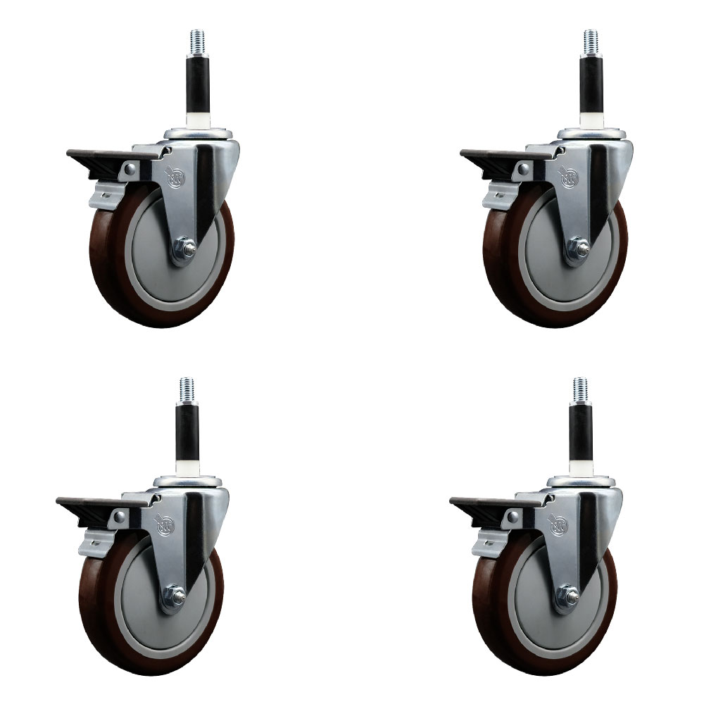 Polyurethane Swivel Expanding Stem Caster Set of 4 with 5 Inch Maroon Wheels and 7/8" Stems - Includes 4 Swivel with Posi Locking Brakes - 350 lbs. Capacity Per Caster - Service Caster Brand — photo 1