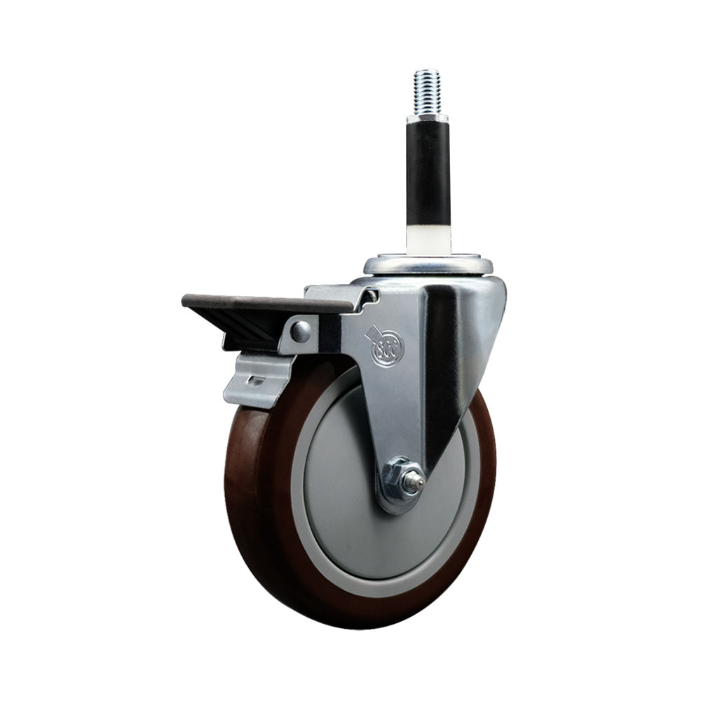 Polyurethane Expanding Stem Swivel Caster with 5 Inch Maroon Wheel and 7/8" Stem & Posi Locking Brake - 350 lbs. Capacity Per Caster - Service Caster Brand — photo 1