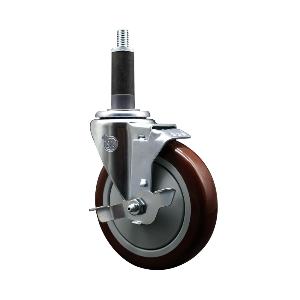 Polyurethane Expanding Stem Swivel Caster with 5 Inch Maroon Wheel and 1" Stem & Top Locking Brake - 350 lbs. Capacity Per Caster - Service Caster Brand — photo 1