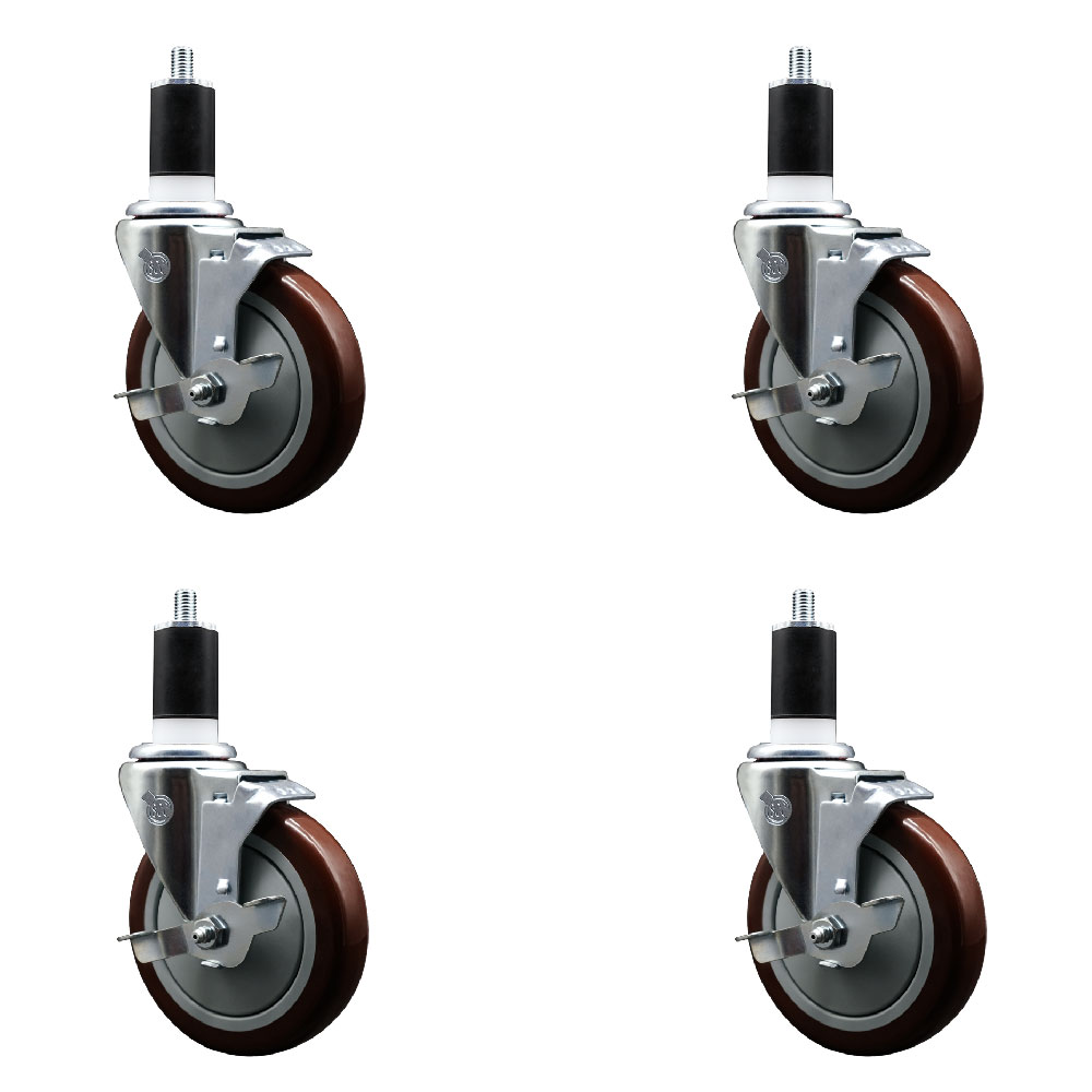 Stainless Steel Polyurethane Swivel Expanding Stem Caster Set of 4 with 5 Inch Maroon Wheels and 1-1/2" Stems - 4 Swivel with Top Locking Brakes - 350 lbs. Capacity Per Caster - Service Caster Brand — photo 1