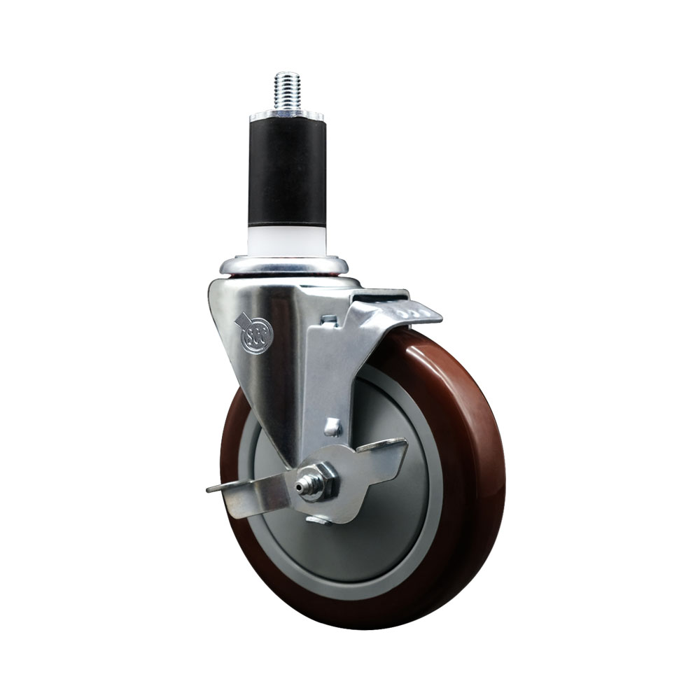 Polyurethane Expanding Stem Swivel Caster with 5 Inch Maroon Wheel and 1-1/2" Stem & Top Locking Brake - 350 lbs. Capacity Per Caster - Service Caster Brand — photo 1