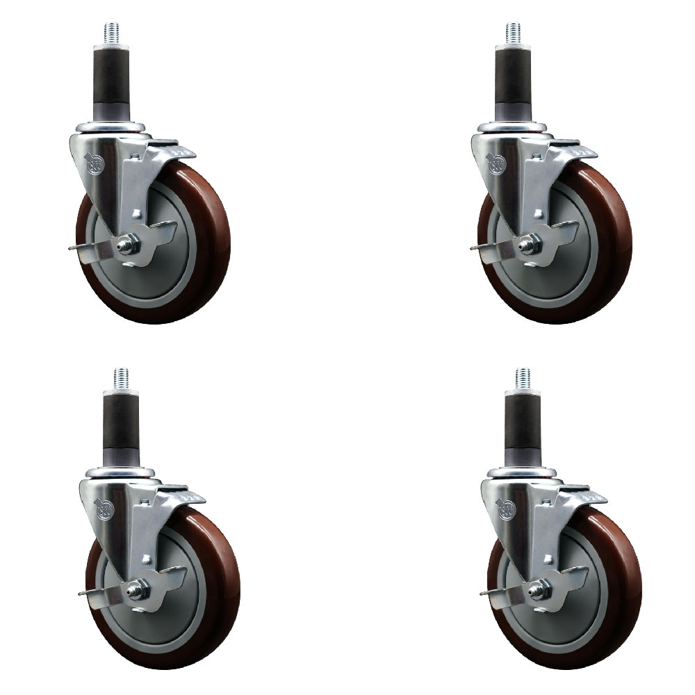 Stainless Steel Polyurethane Swivel Expanding Stem Caster Set of 4 with 5 Inch Maroon Wheels and 1-1/4" Stems - 4 Swivel with Top Locking Brakes - 350 lbs. Capacity Per Caster - Service Caster Brand — photo 1